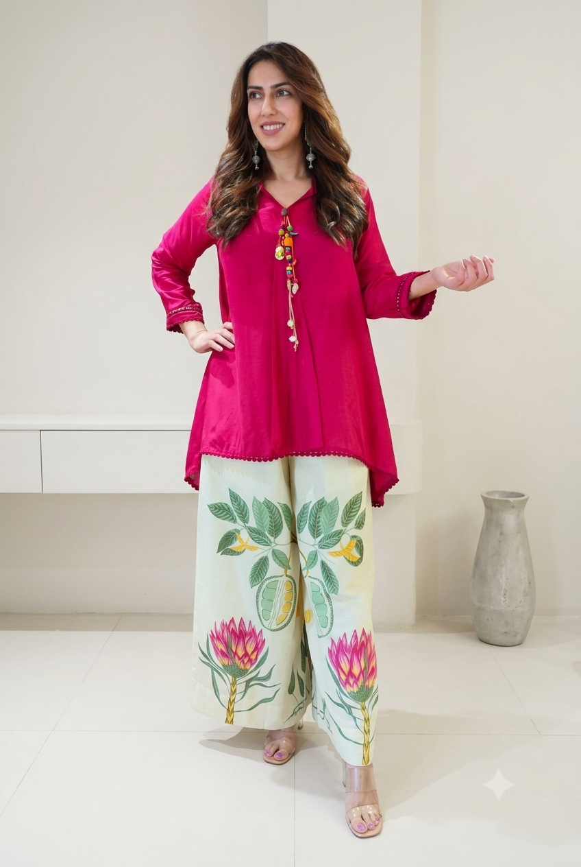 Trendy Cotton Tunic Top & Botanical Print Palazzo Set