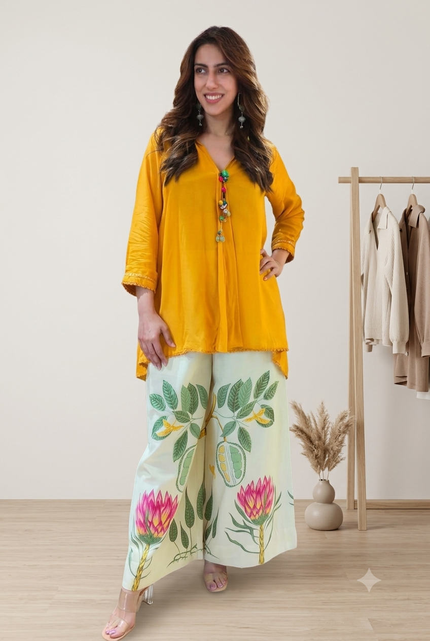 Trendy Cotton Tunic Top & Botanical Print Palazzo Set