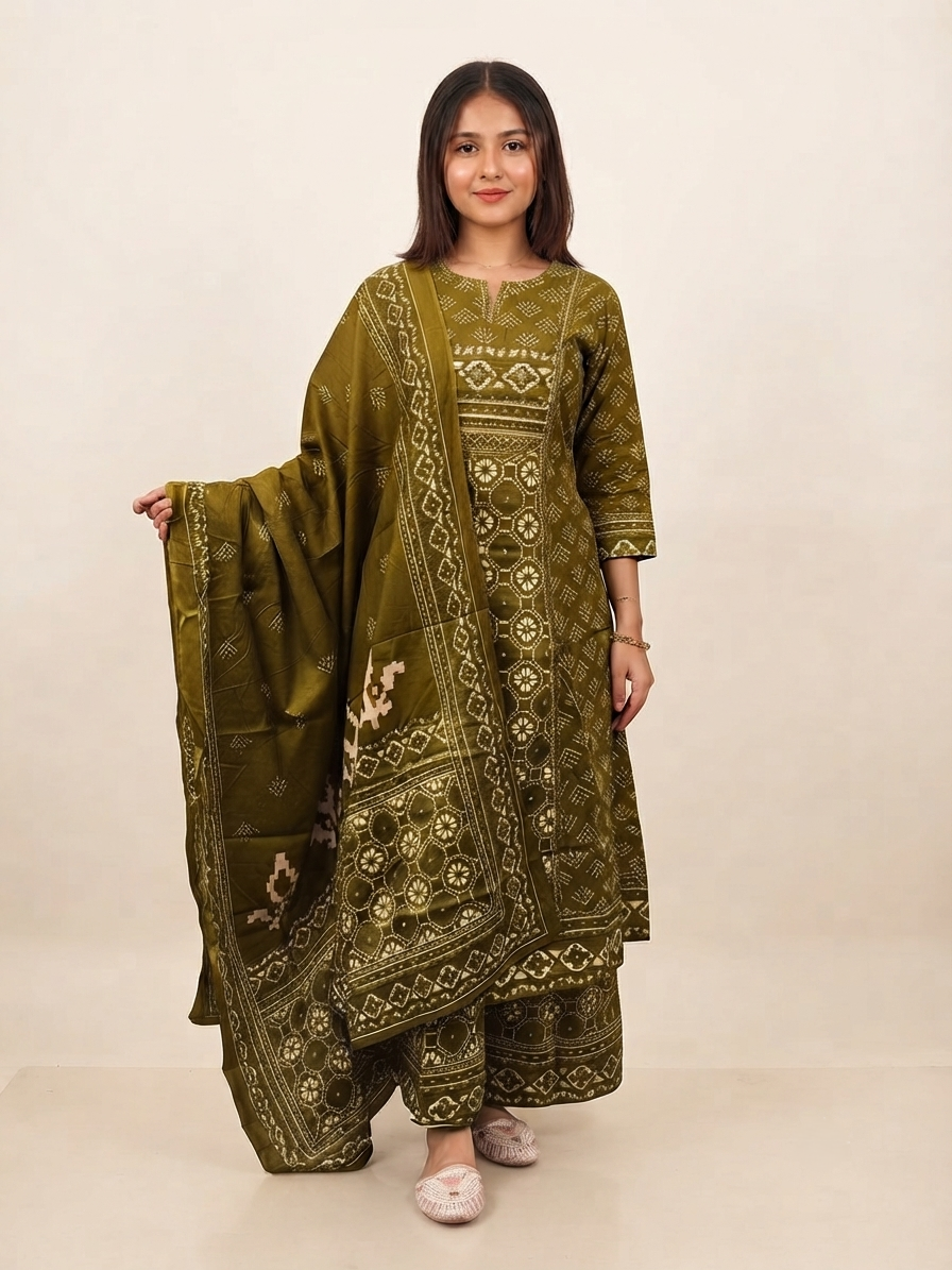 Floral Print Cotton Kurta with Palazzo and Dupatta Set