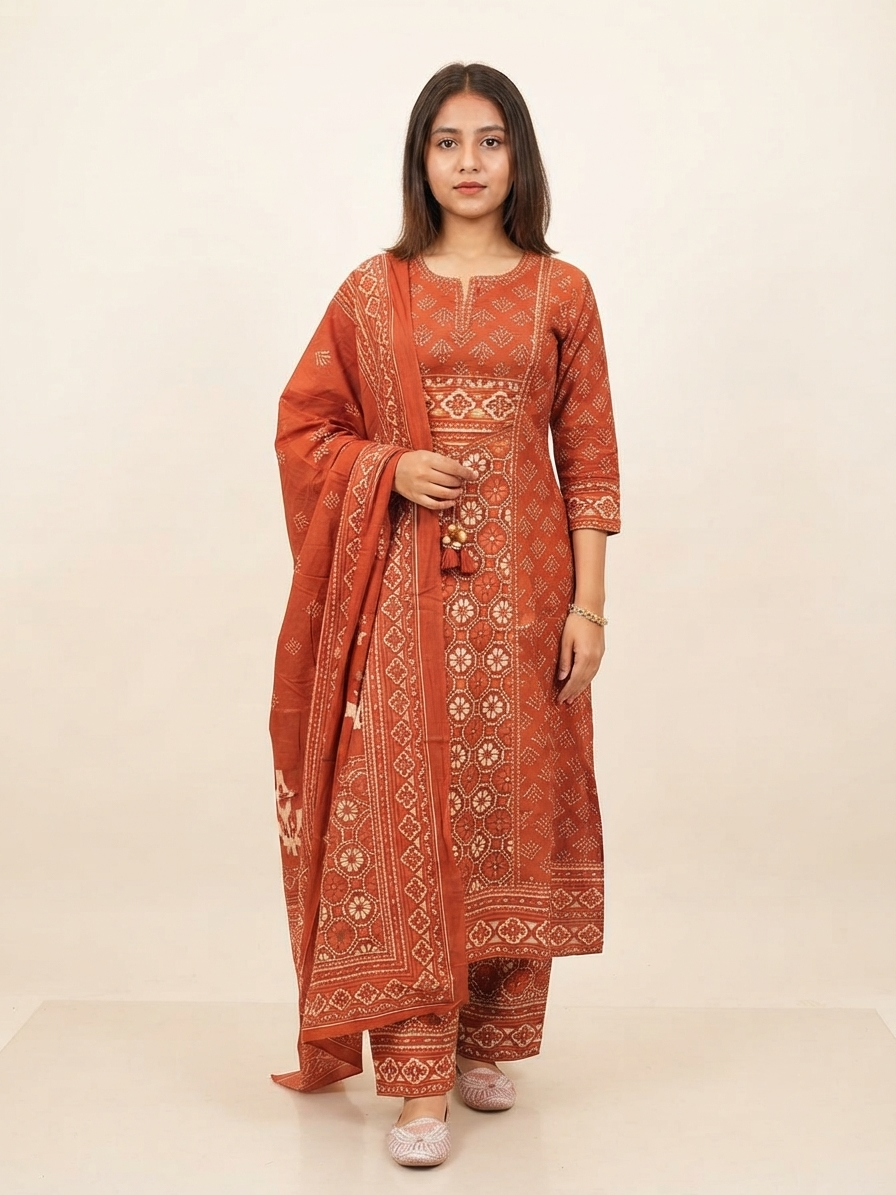 Floral Print Cotton Kurta with Palazzo and Dupatta Set