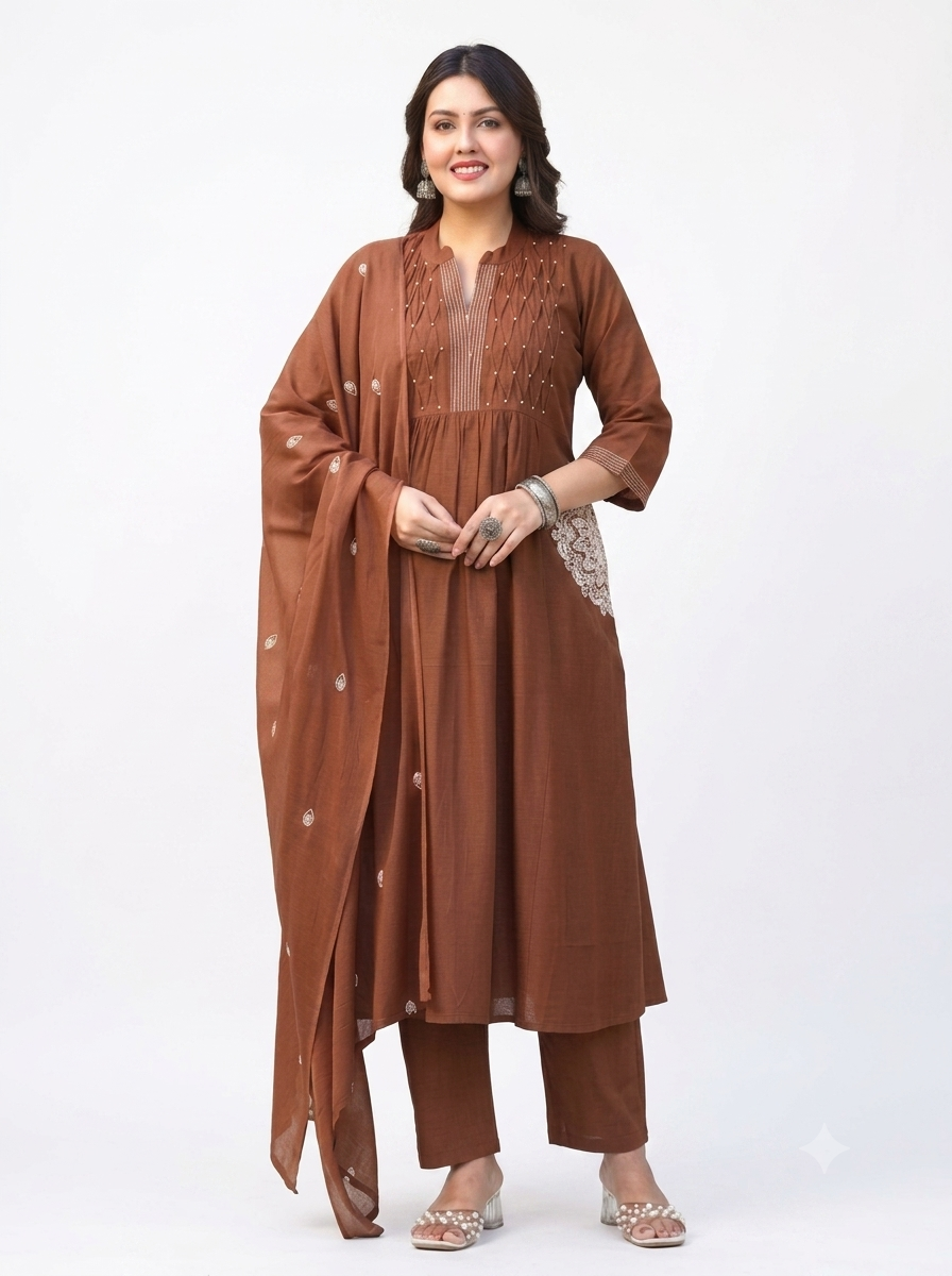 Cotton Embroidered Kurta Set with Mul Dupatta
