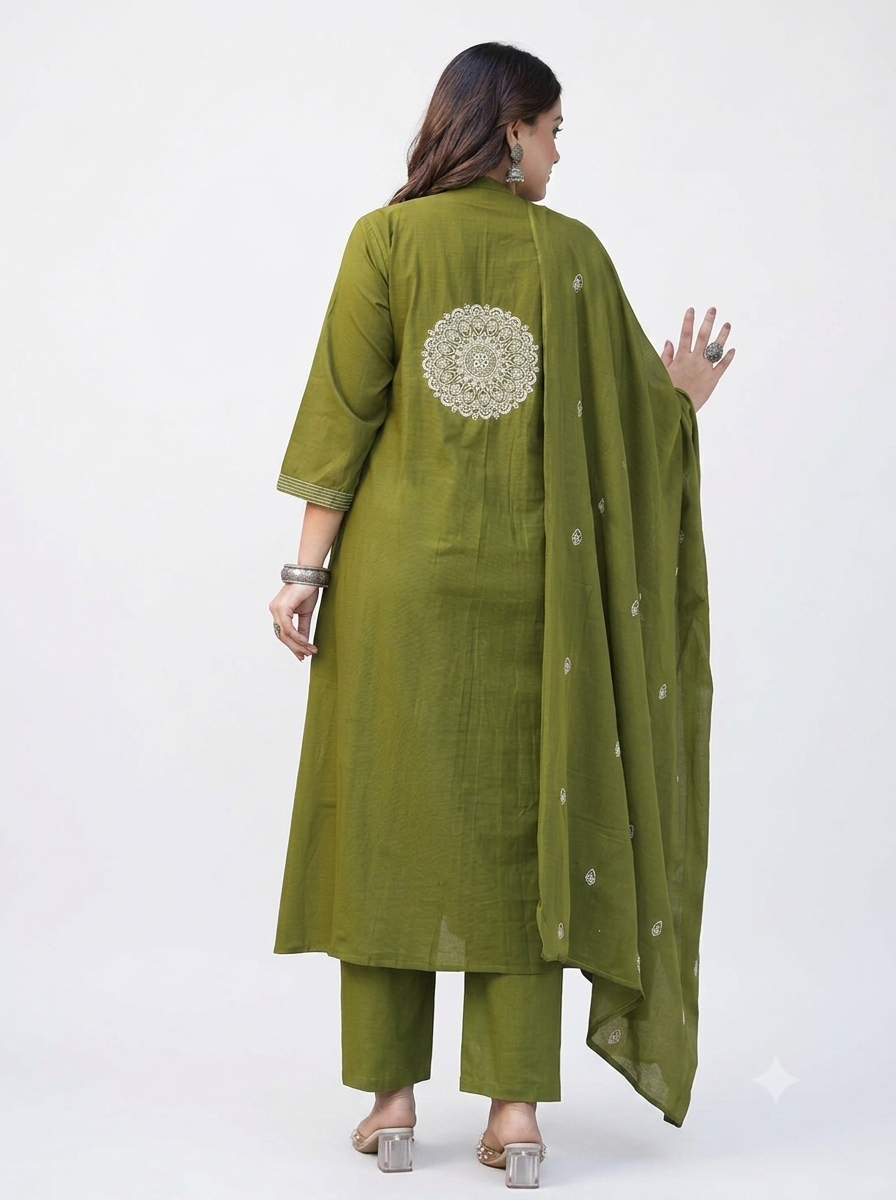 Cotton Embroidered Kurta Set with Mul Dupatta