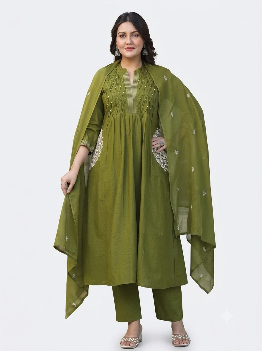 Cotton Embroidered Kurta Set with Mul Dupatta