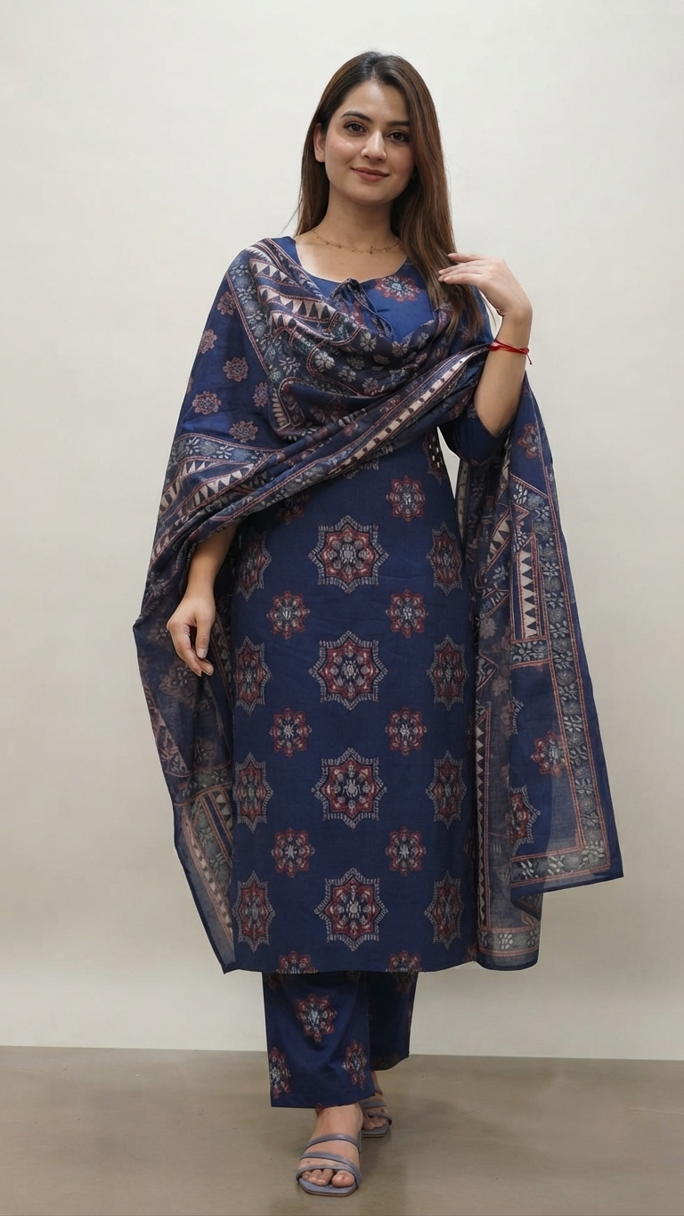 Printed Cotton Three-Piece Kurta Set