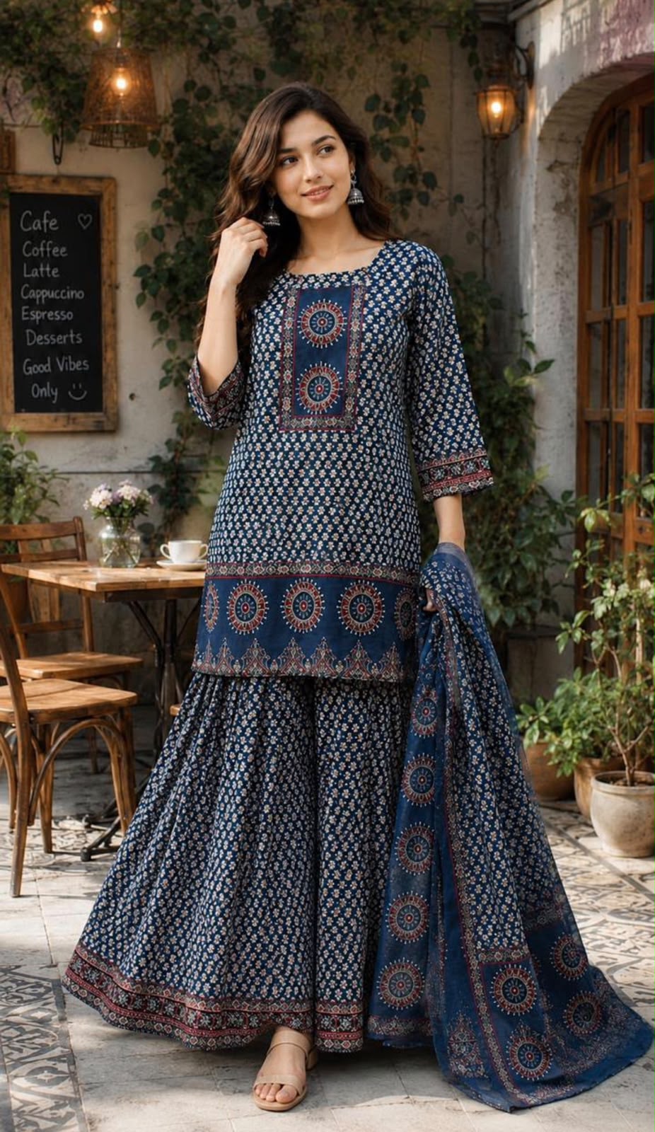 Traditional Navy Blue Block Print Cotton Sharara Set with Dupatta