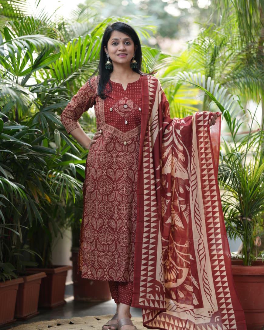 Maroon Printed Cotton Suit Set