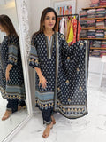 Navy Blue Printed Cotton Suit Set