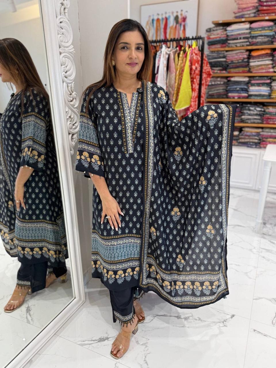 Navy Blue Printed Cotton Suit Set