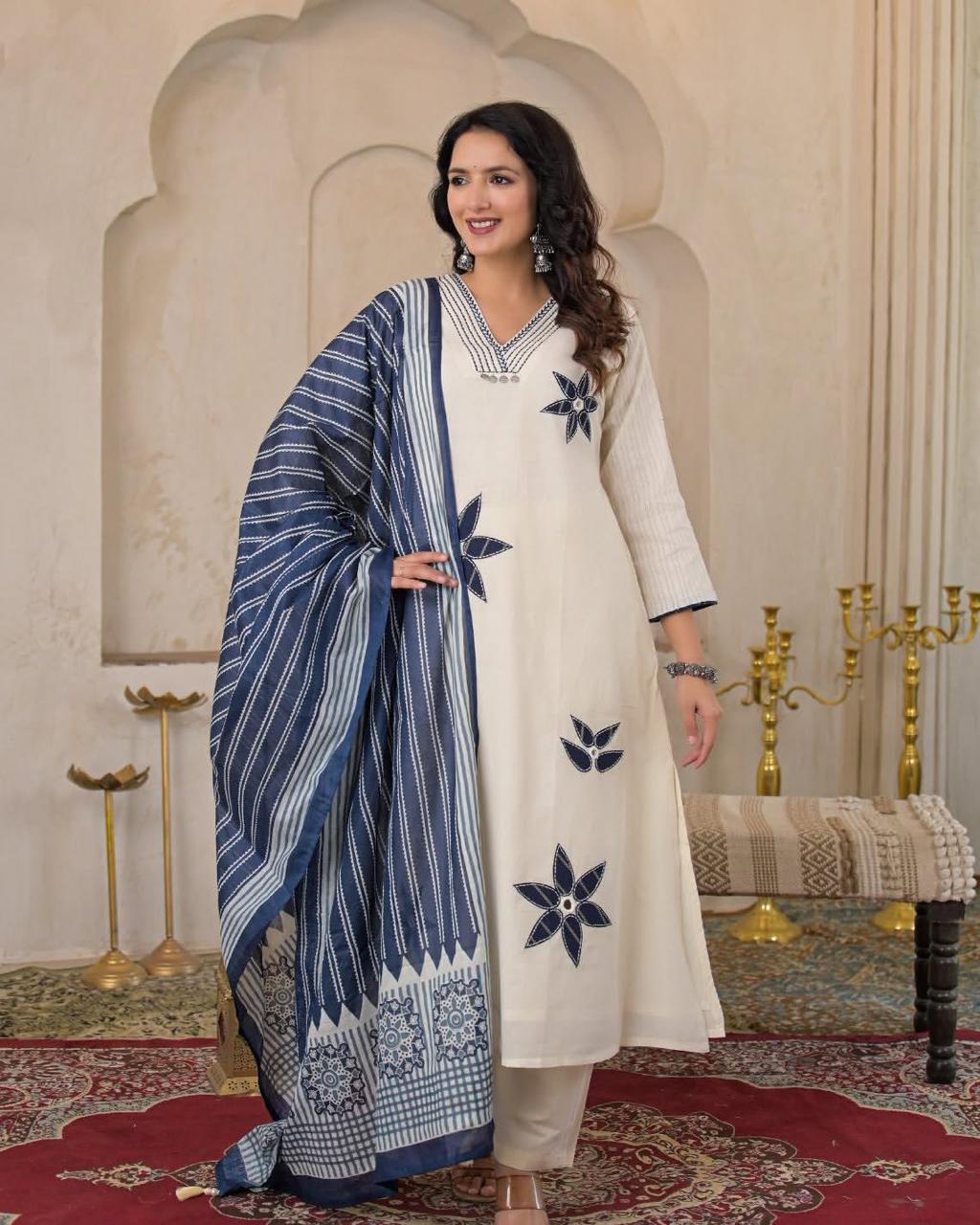 Elegant Off-White Cotton A-Line Kurta Set