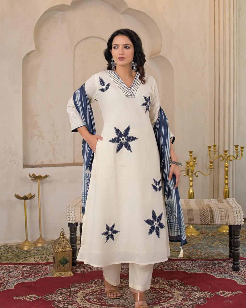 Elegant Off-White Cotton A-Line Kurta Set
