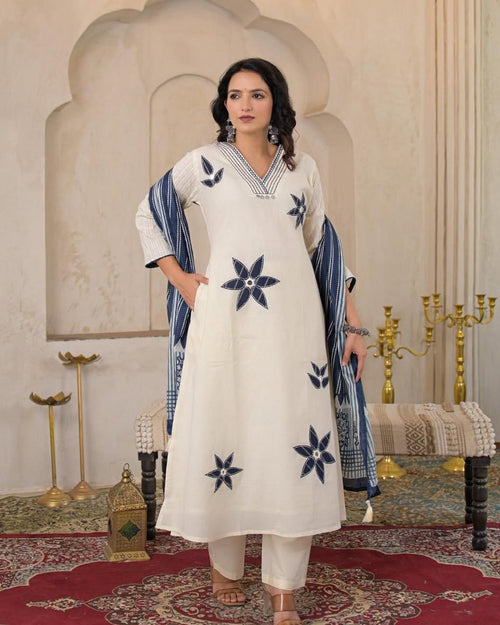 Elegant Off-White Cotton A-Line Kurta Set