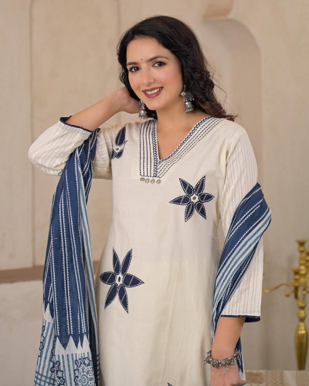 Elegant Off-White Cotton A-Line Kurta Set