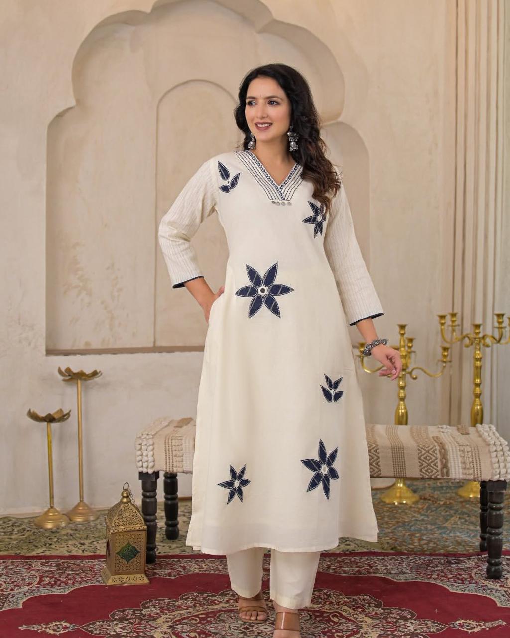 Elegant Off-White Cotton A-Line Kurta Set