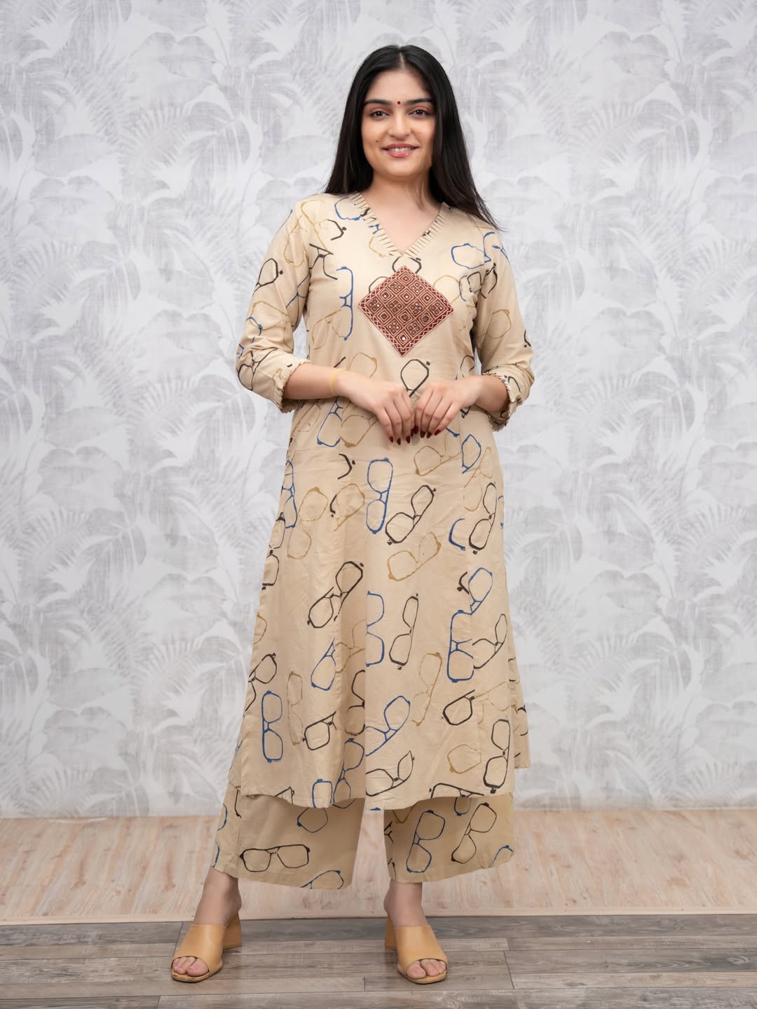 Beige Printed Kurta with Palazzo Set