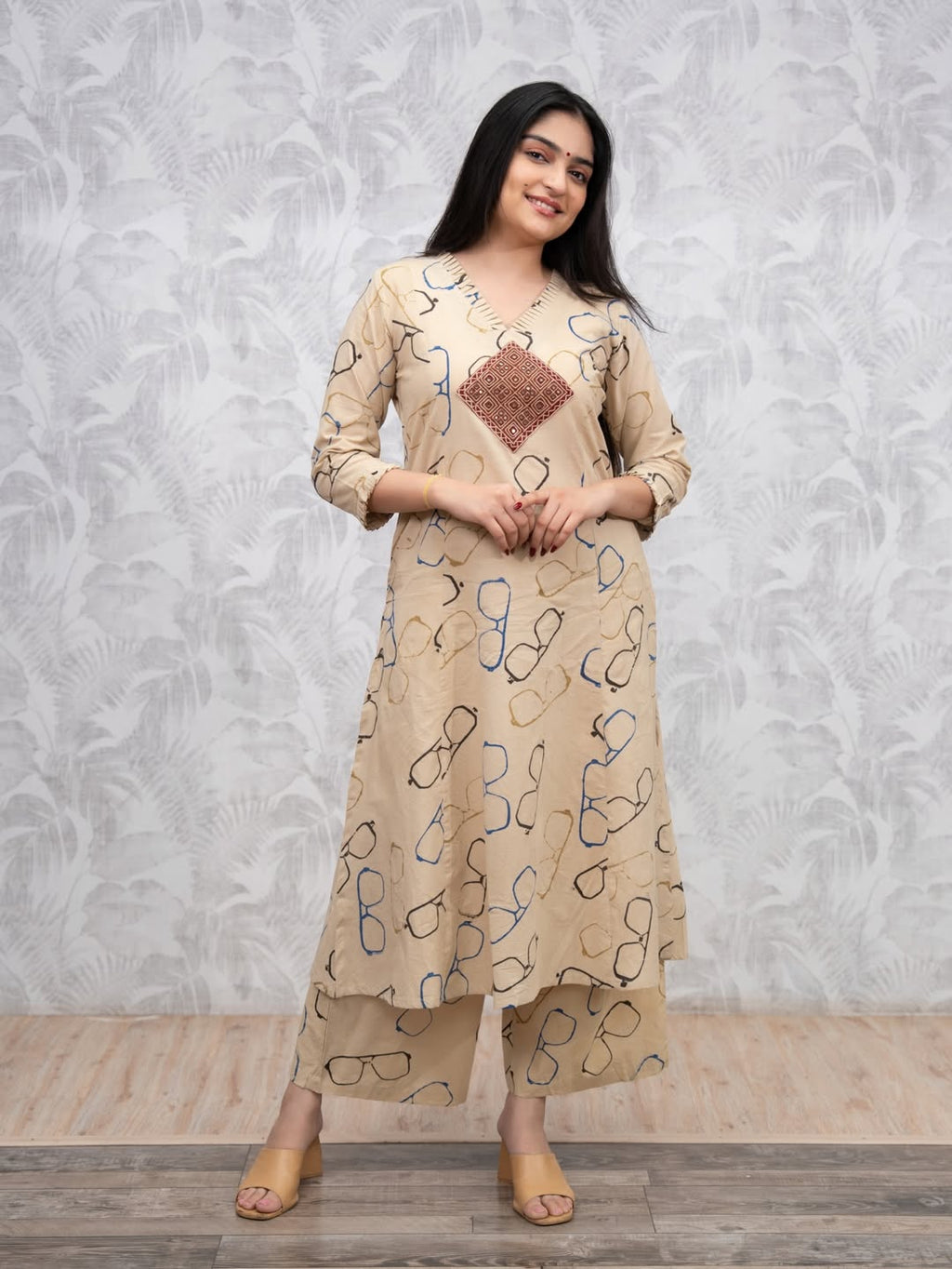 Beige Printed Kurta with Palazzo Set