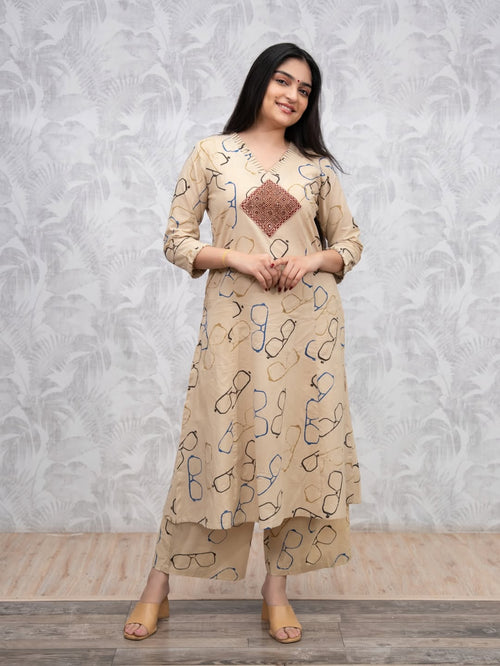 Beige Printed Kurta with Palazzo Set