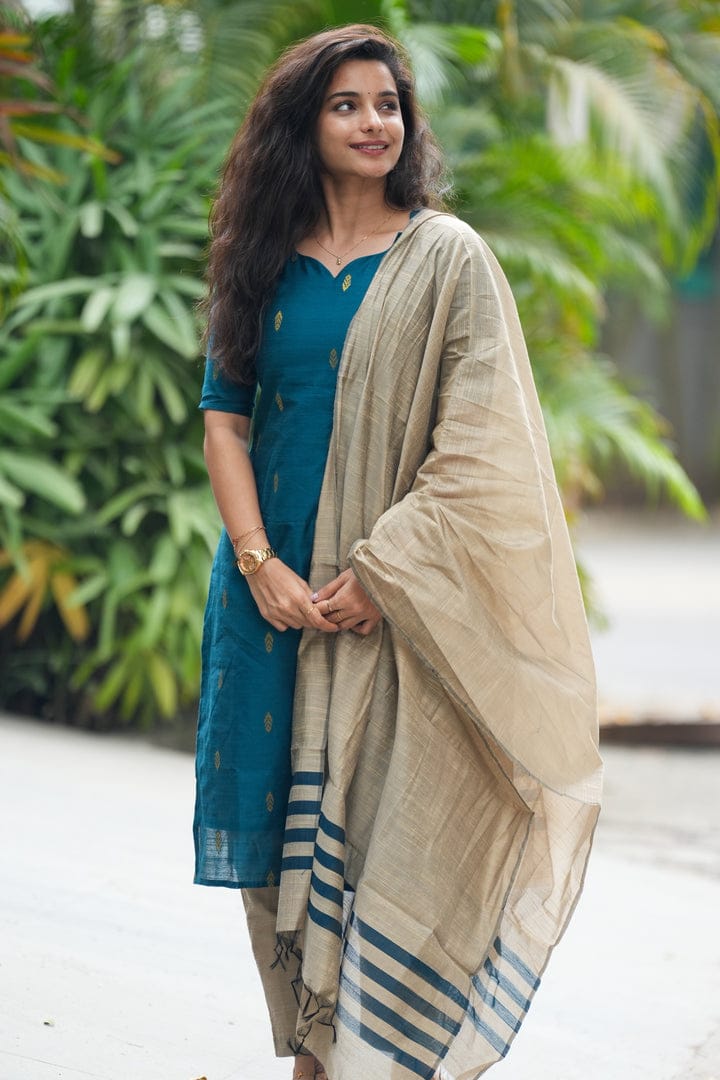 Teal Blue & Beige 3-Piece Kurta Set