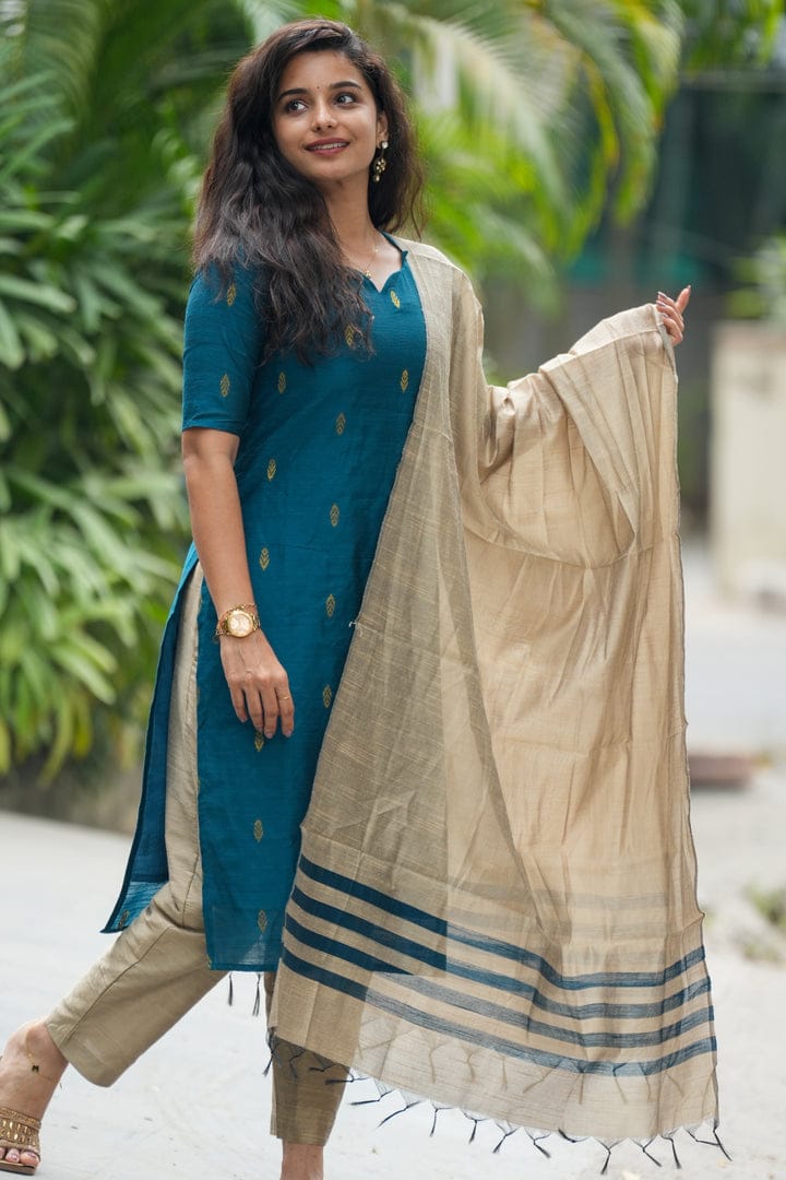 Teal Blue & Beige 3-Piece Kurta Set