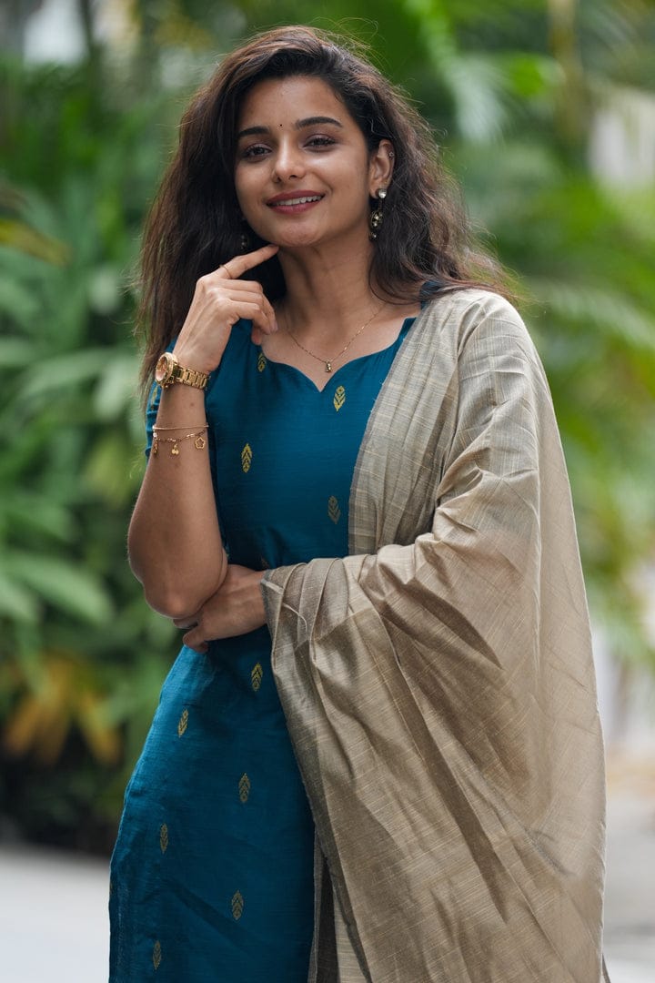 Teal Blue & Beige 3-Piece Kurta Set