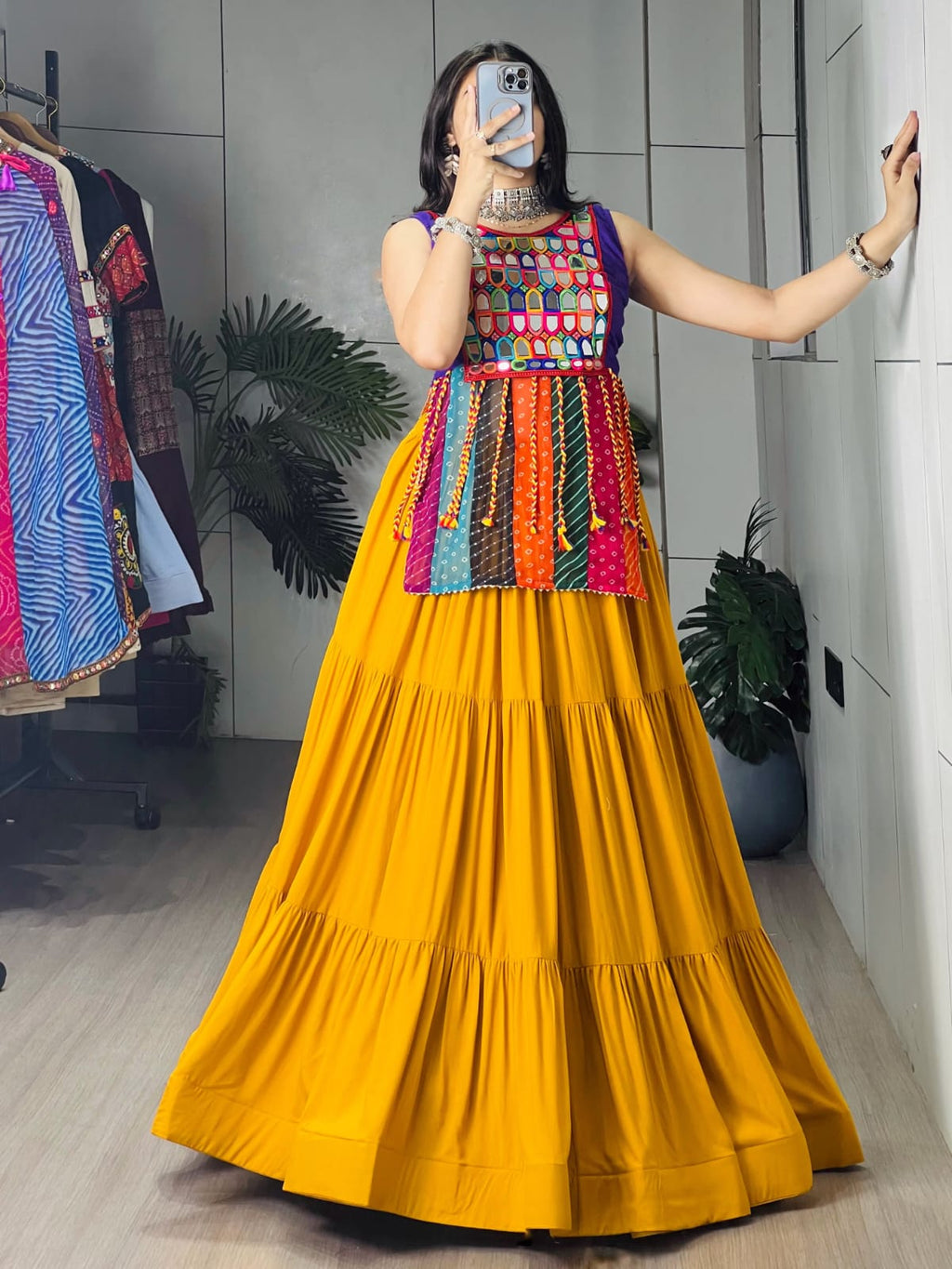 Traditional Mirror Work Kurti with Tiered Yellow Skirt Set