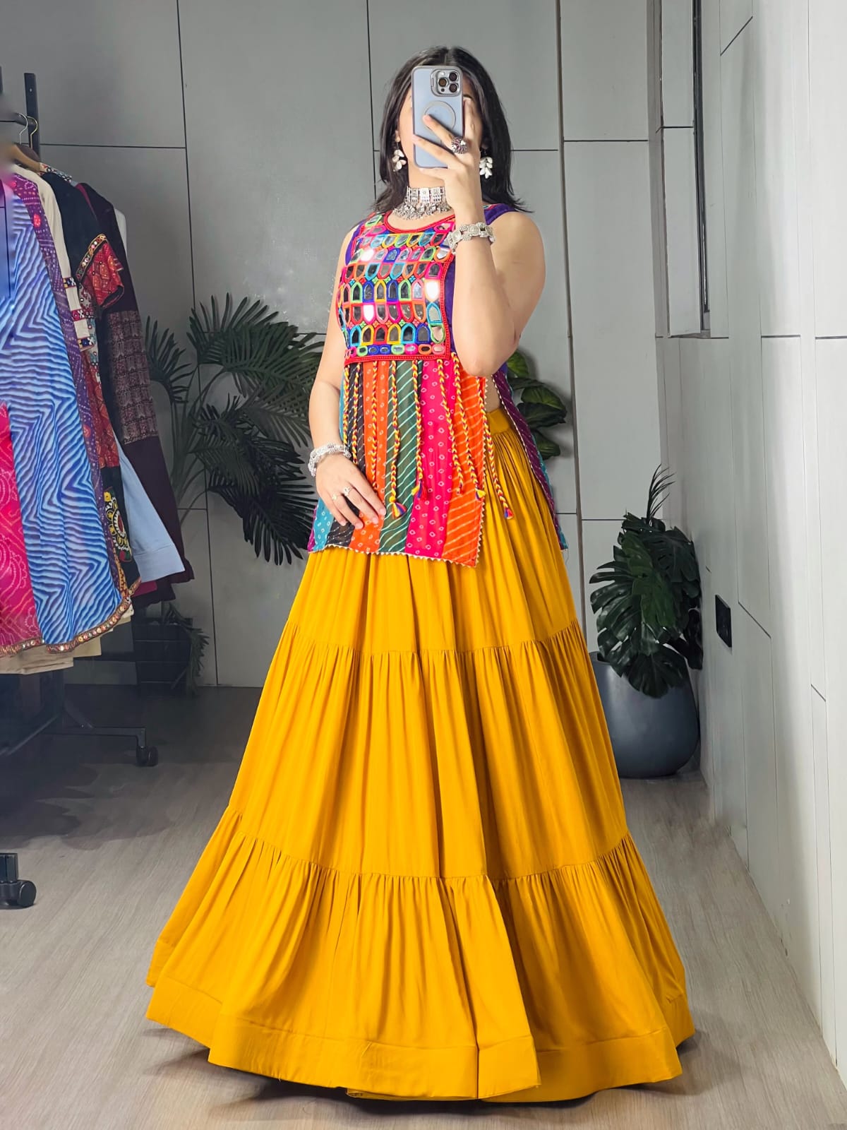Traditional Mirror Work Kurti with Tiered Yellow Skirt Set