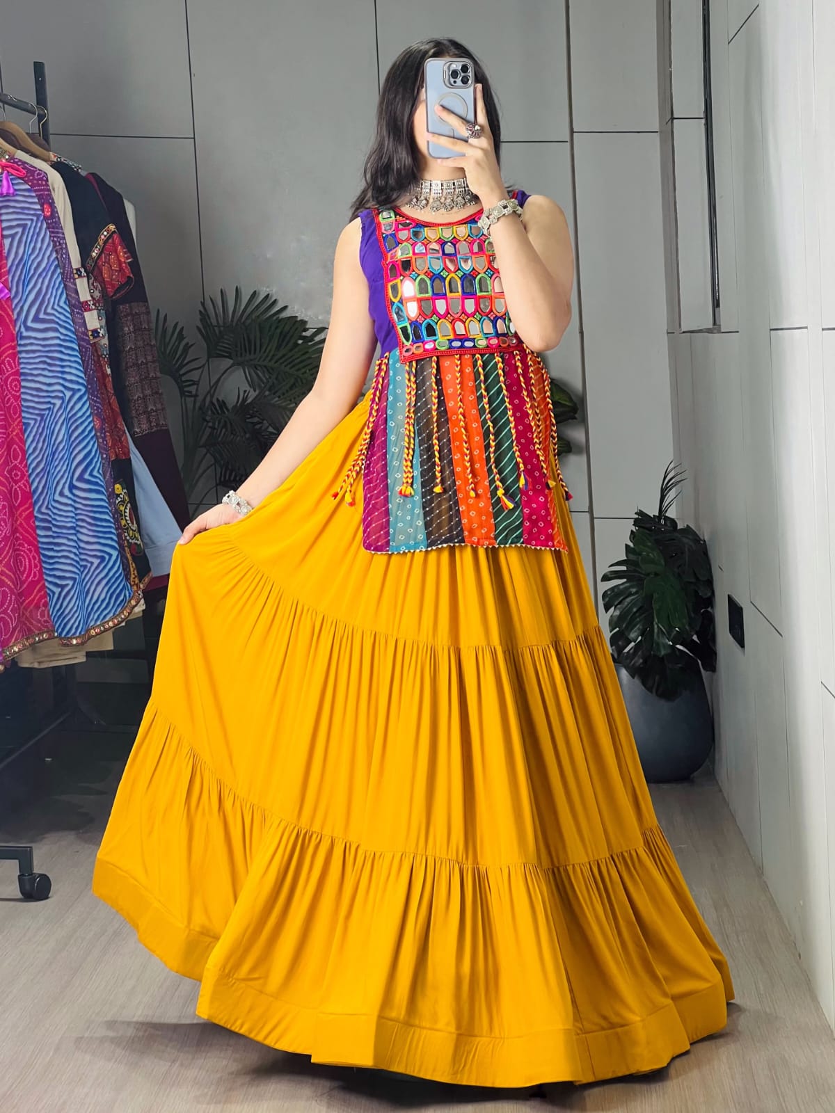 Traditional Mirror Work Kurti with Tiered Yellow Skirt Set