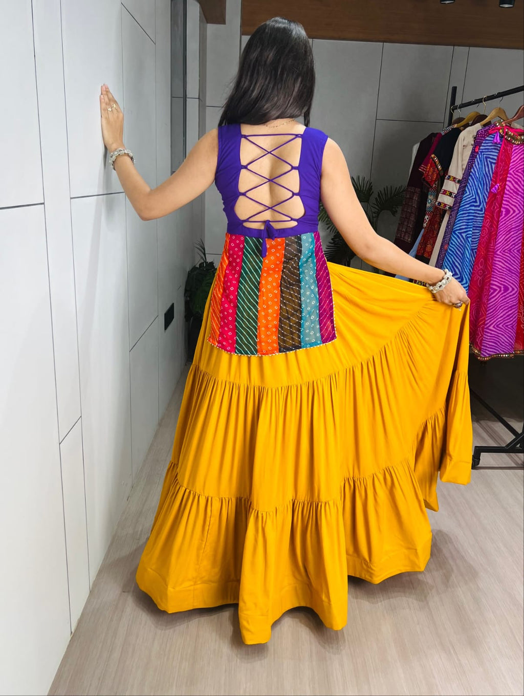 Traditional Mirror Work Kurti with Tiered Yellow Skirt Set