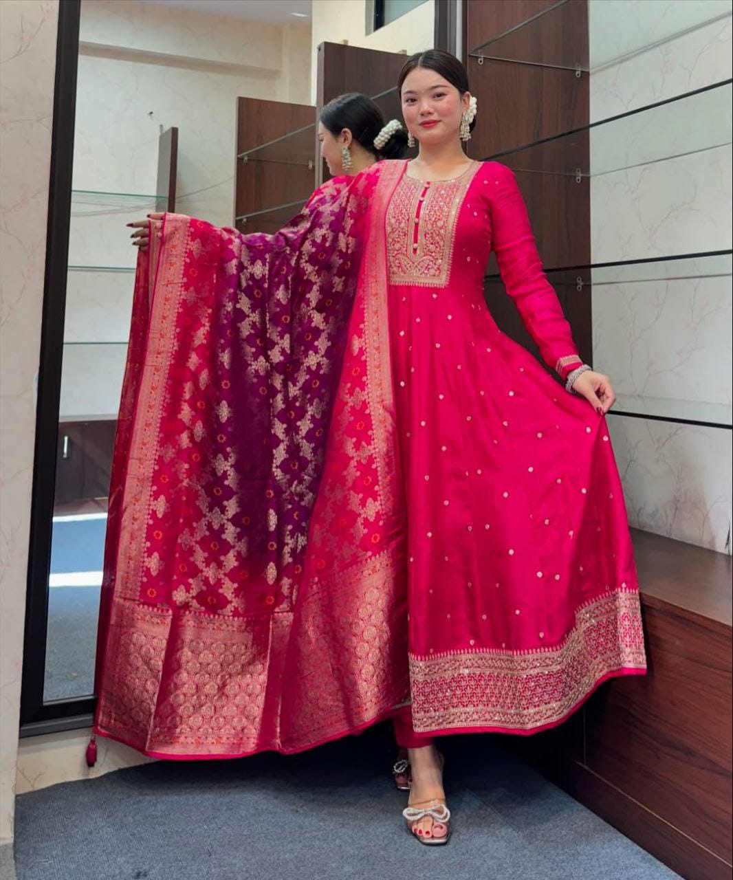 Rani Pink Zari Embroidered Kurta Pant and Dupatta Set