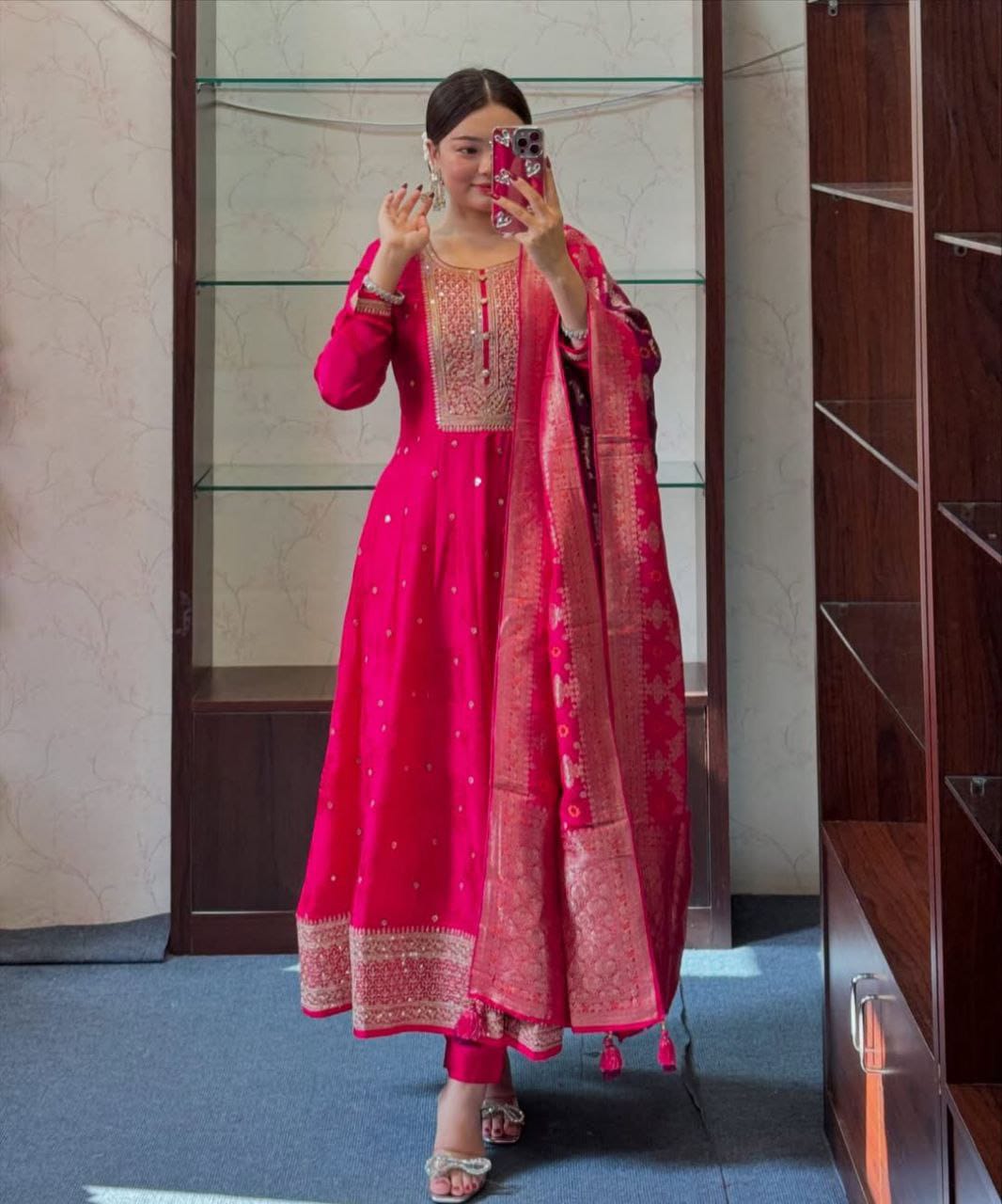 Rani Pink Zari Embroidered Kurta Pant and Dupatta Set