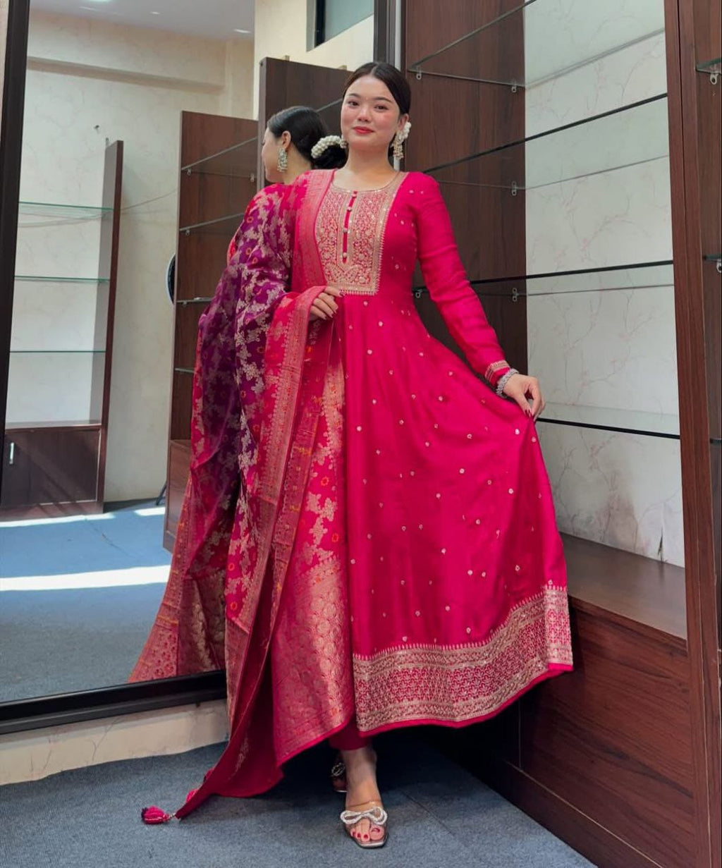 Rani Pink Zari Embroidered Kurta Pant and Dupatta Set