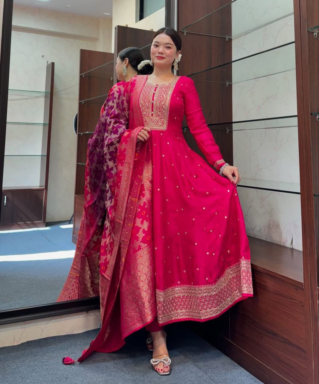 Rani Pink Zari Embroidered Kurta Pant and Dupatta Set