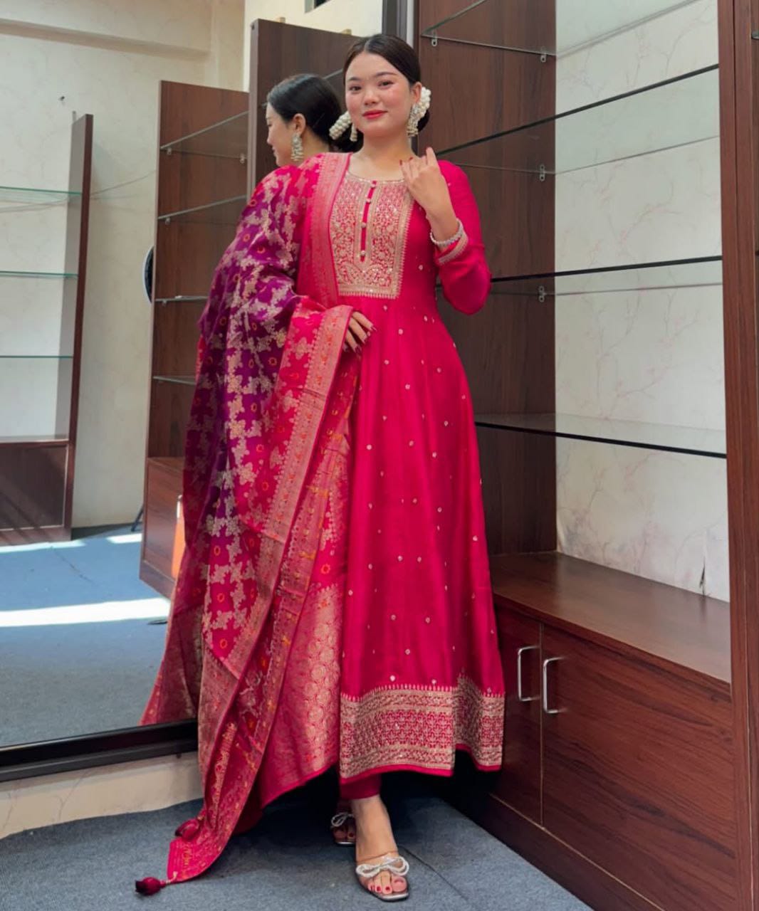 Rani Pink Zari Embroidered Kurta Pant and Dupatta Set