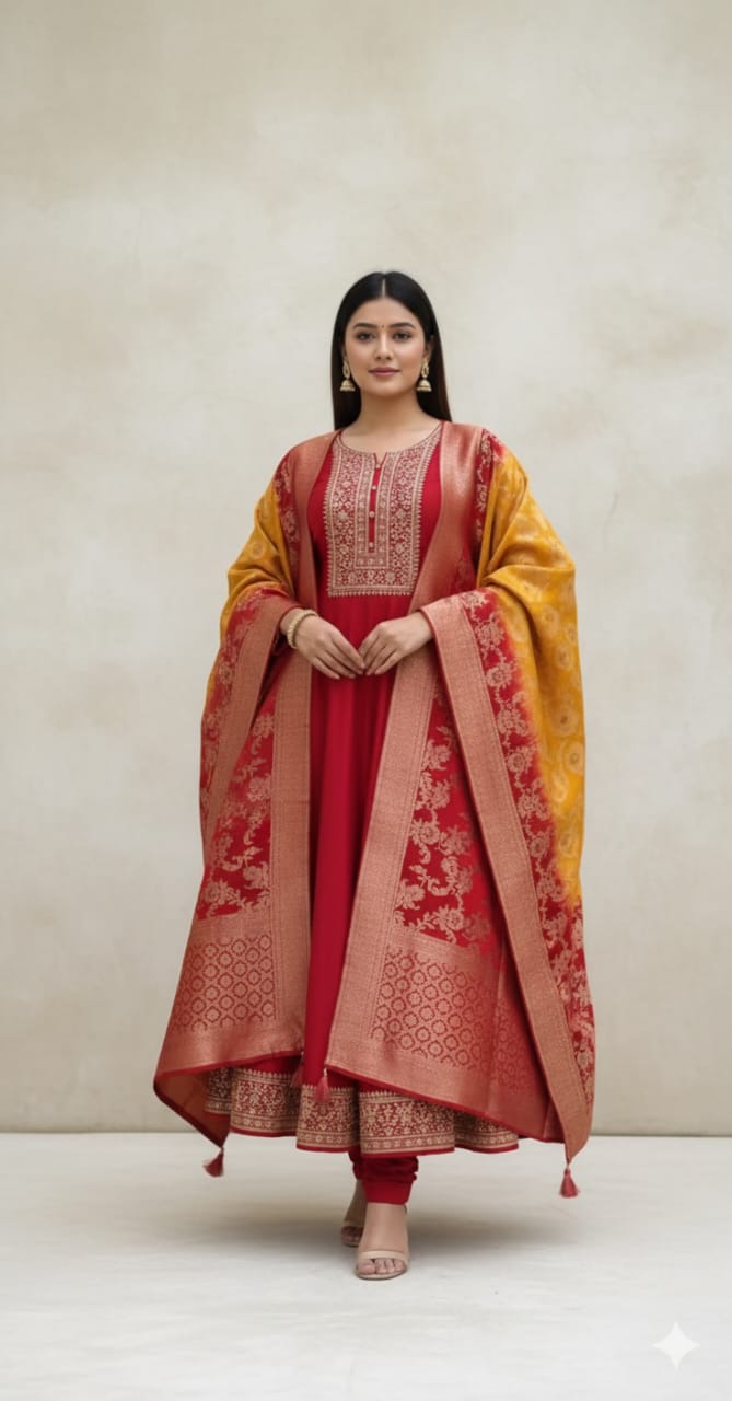 Anarkali Flared Kurti Pant Dupatta Set