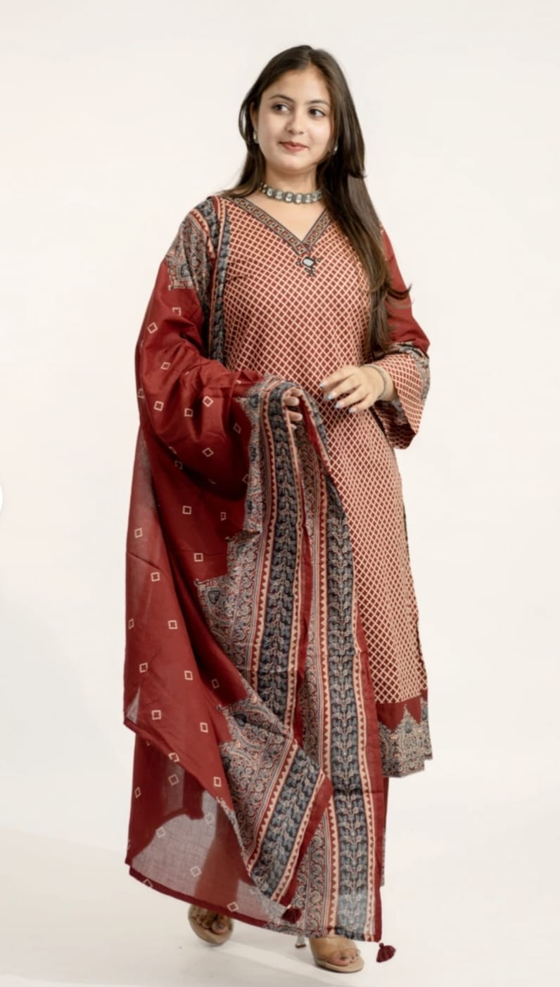 Cotton Printed Kurta Set with Dupatta Set