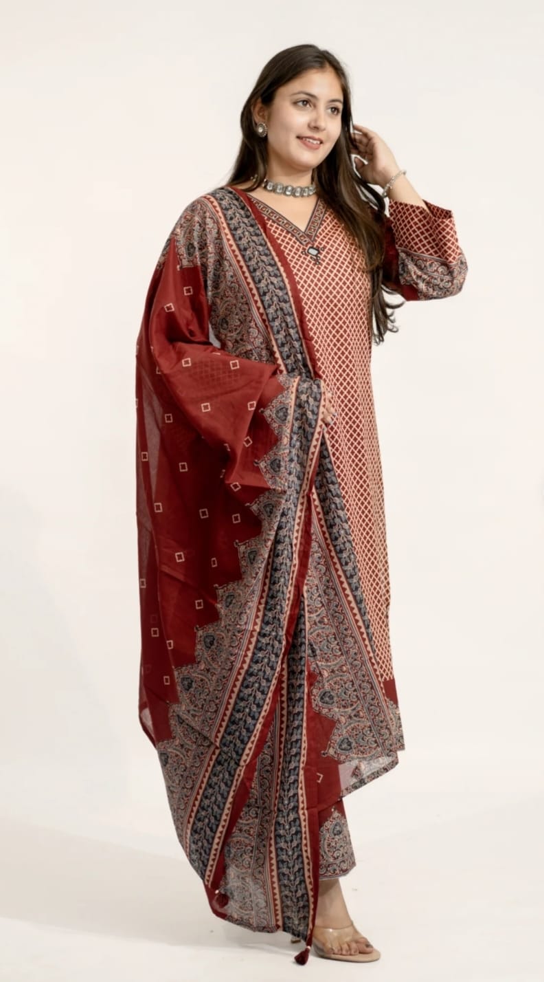 Cotton Printed Kurta Set with Dupatta Set