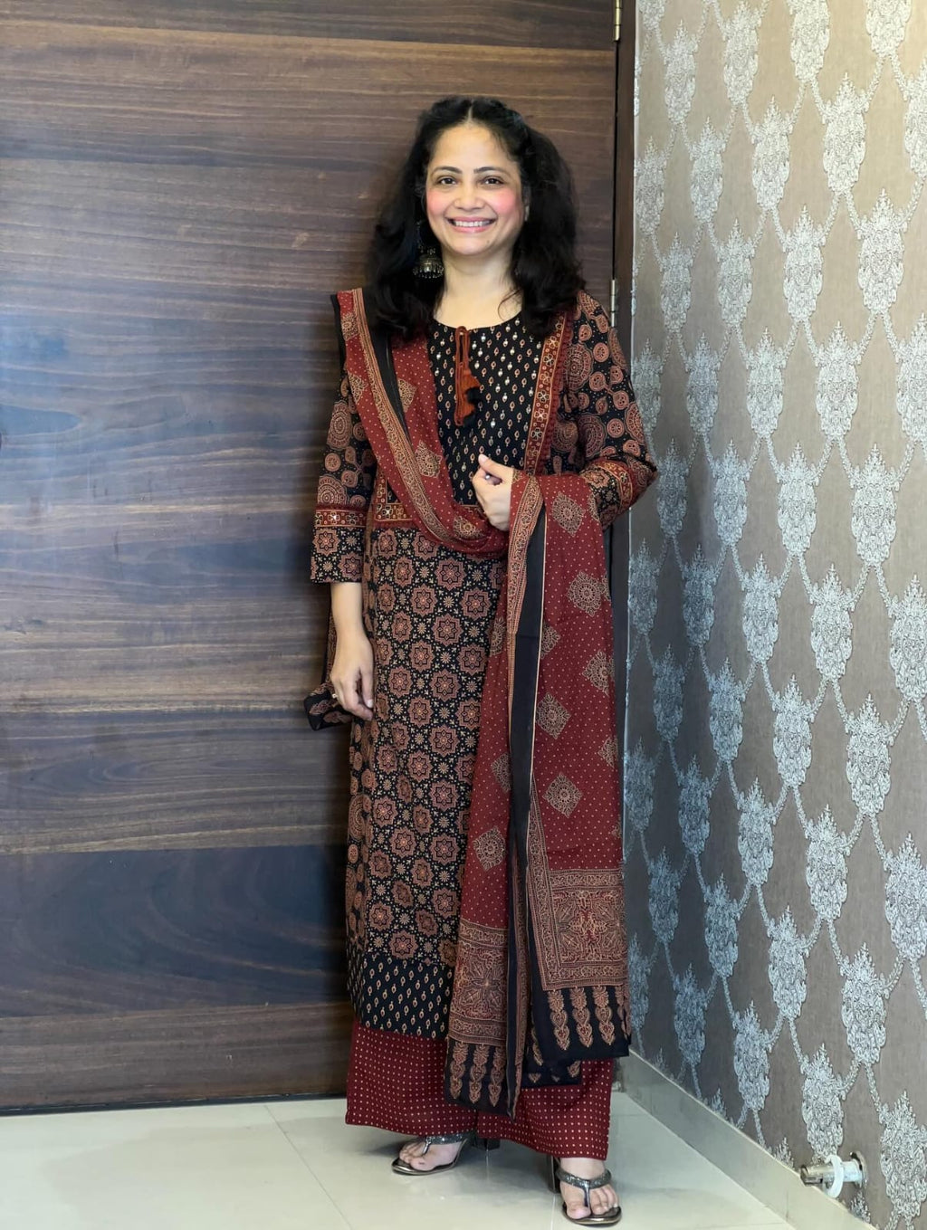 Rust & Black Printed Cotton Three-Piece Kurta Set with Dupatta