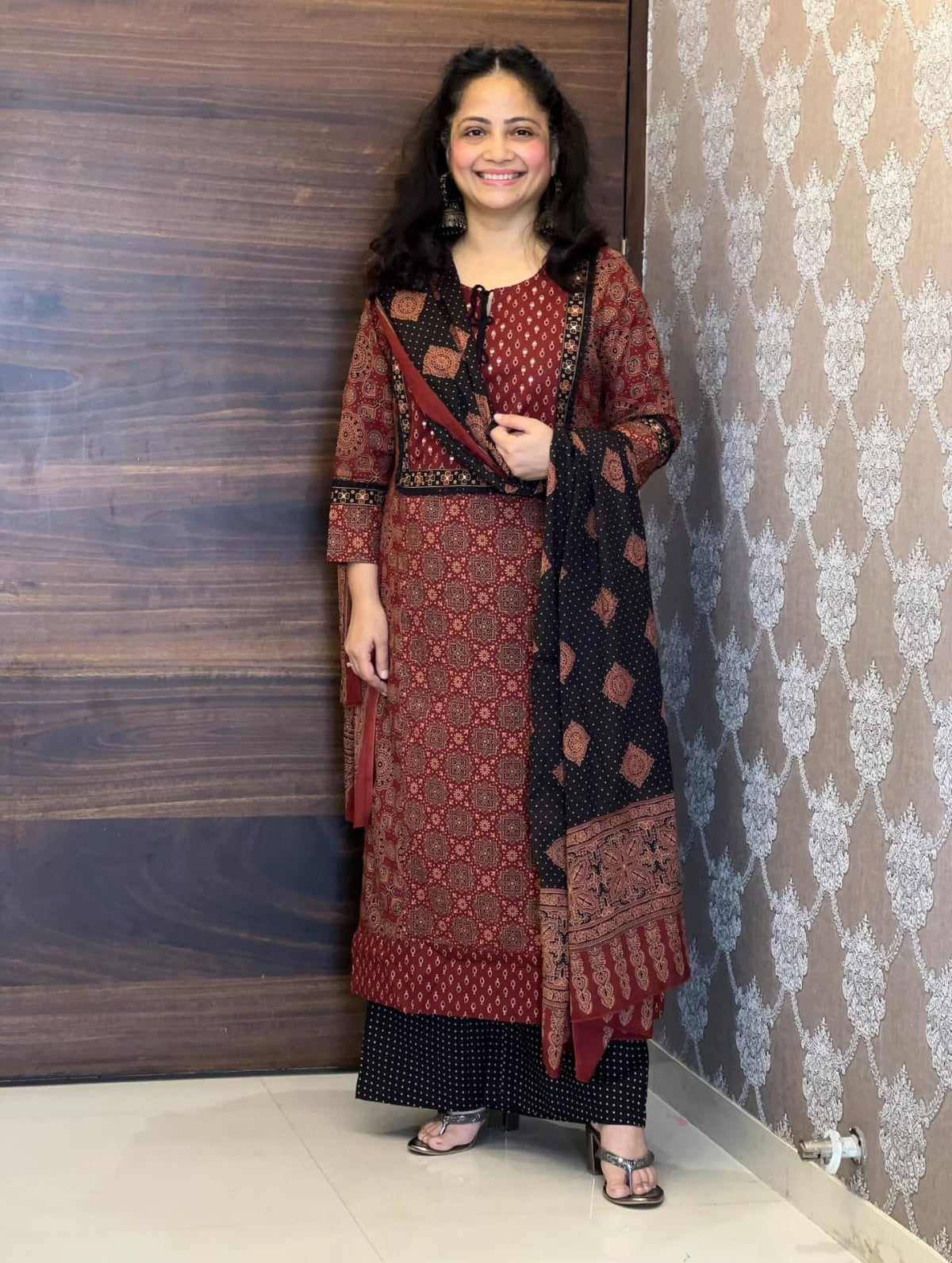 Rust & Black Printed Cotton Three-Piece Kurta Set with Dupatta