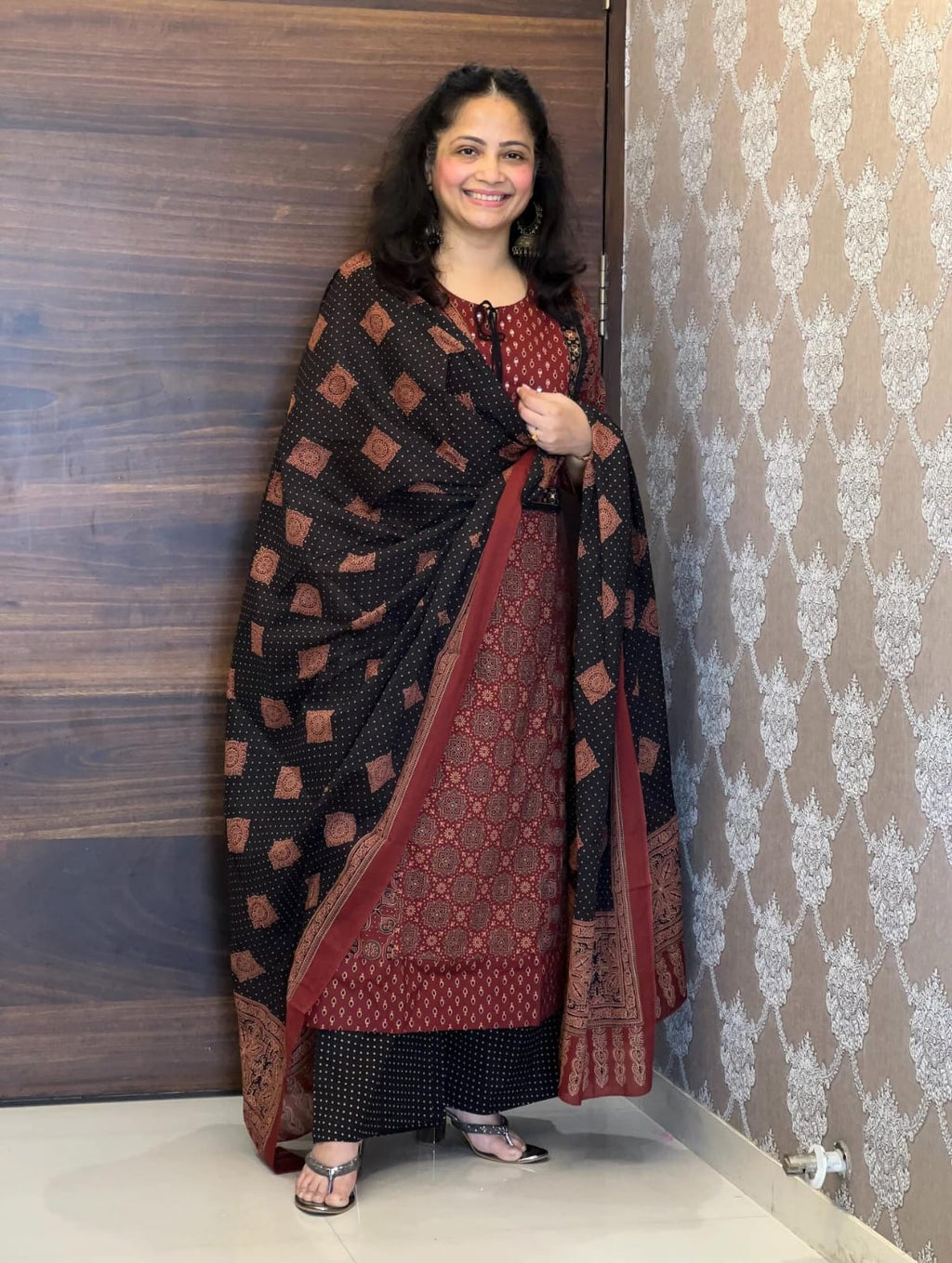 Rust & Black Printed Cotton Three-Piece Kurta Set with Dupatta