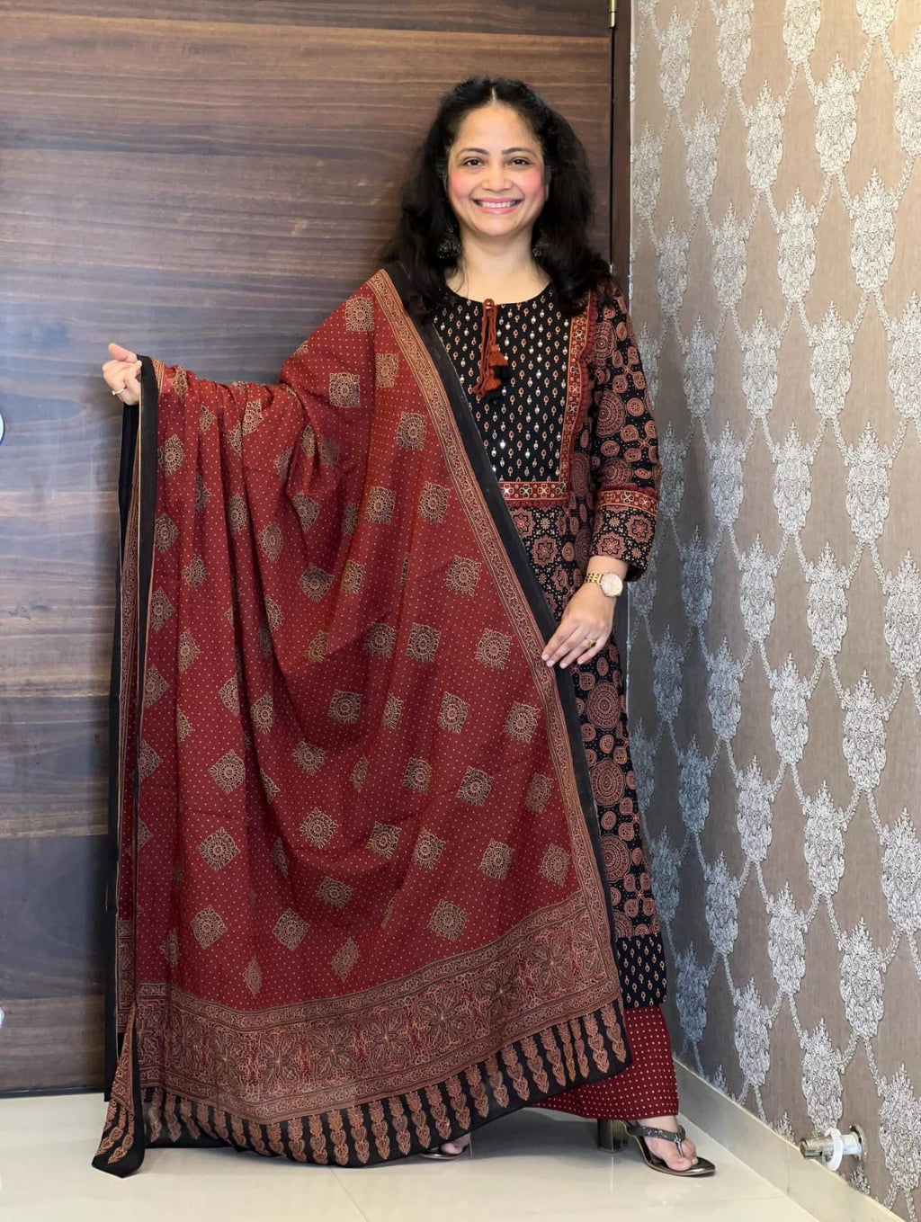 Rust & Black Printed Cotton Three-Piece Kurta Set with Dupatta