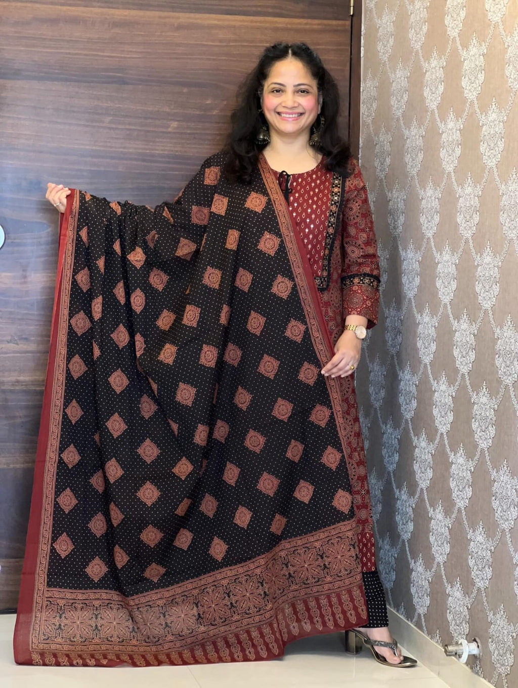 Rust & Black Printed Cotton Three-Piece Kurta Set with Dupatta