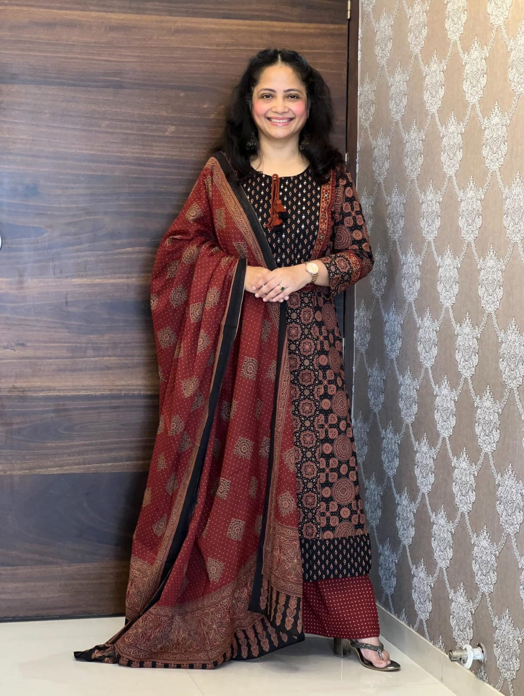 Rust & Black Printed Cotton Three-Piece Kurta Set with Dupatta