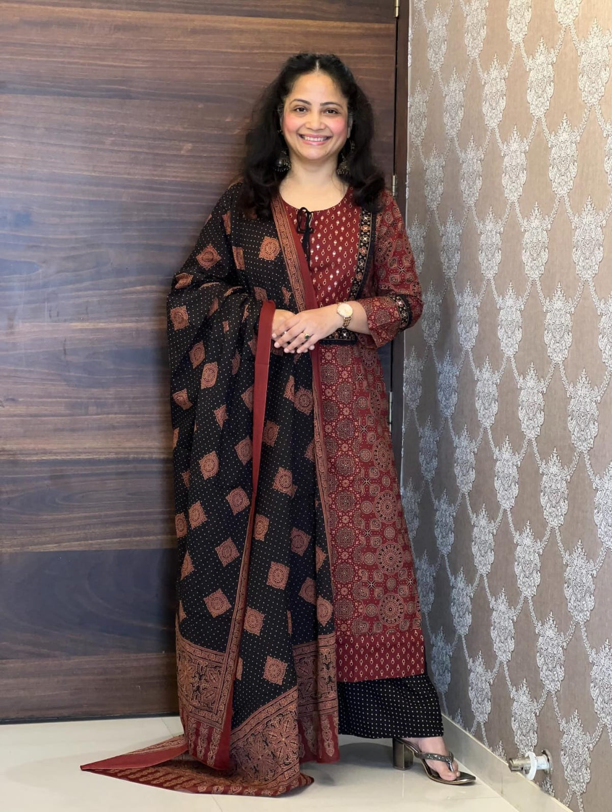 Rust & Black Printed Cotton Three-Piece Kurta Set with Dupatta