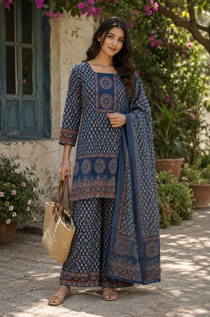 Traditional Navy Blue Block Print Cotton Sharara Set with Dupatta