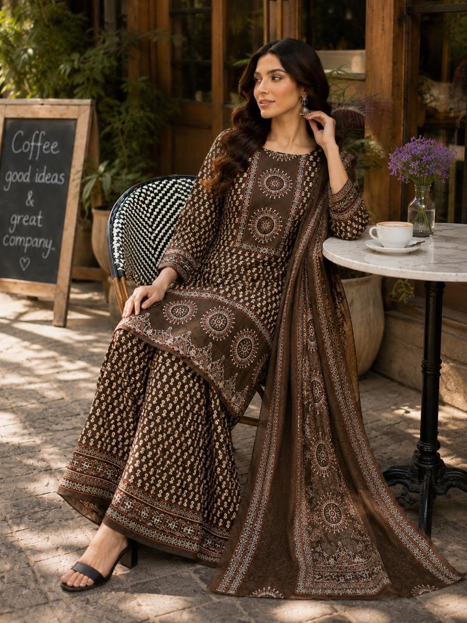 Traditional Navy Blue Block Print Cotton Sharara Set with Dupatta