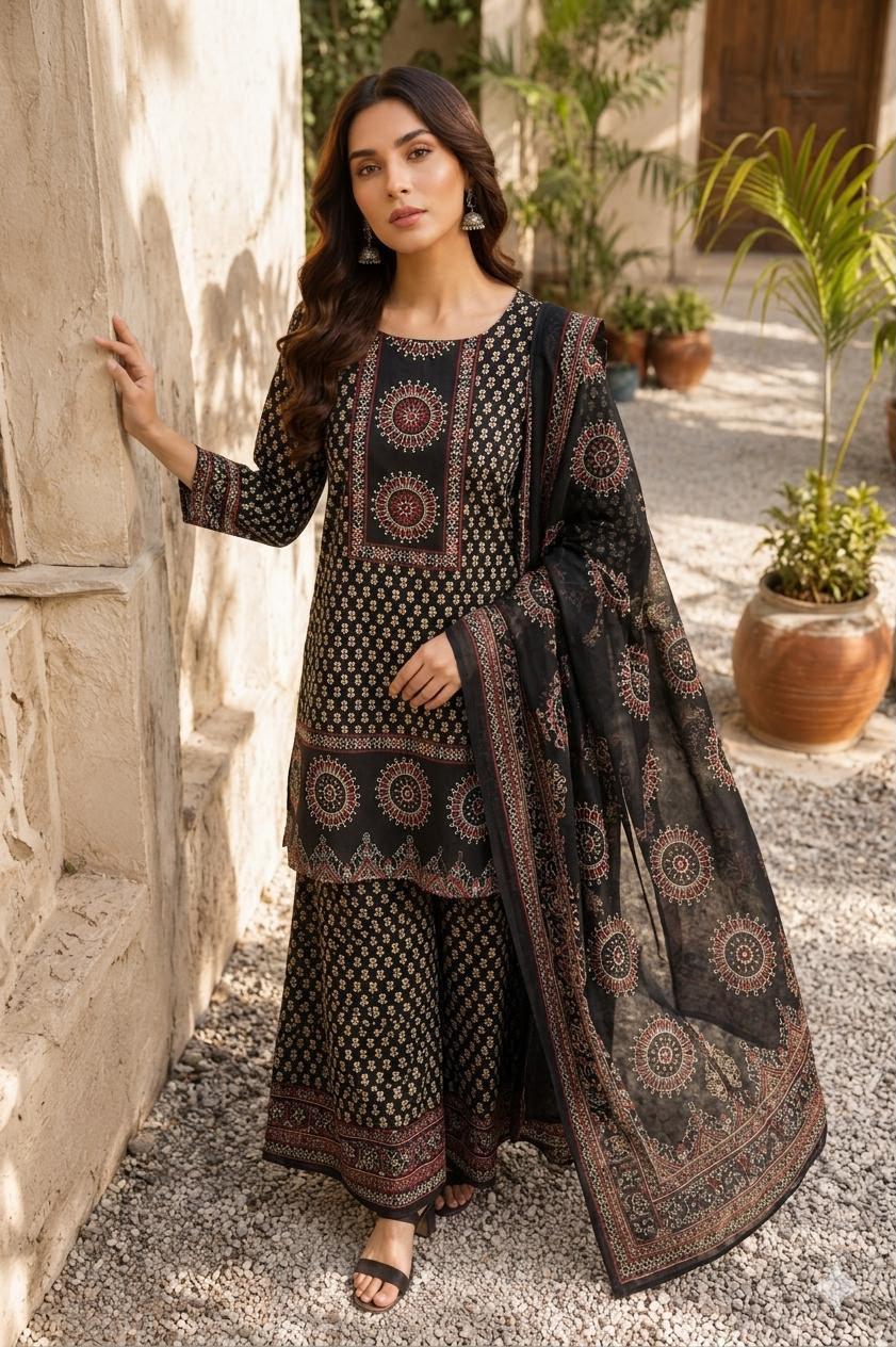 Traditional Navy Blue Block Print Cotton Sharara Set with Dupatta