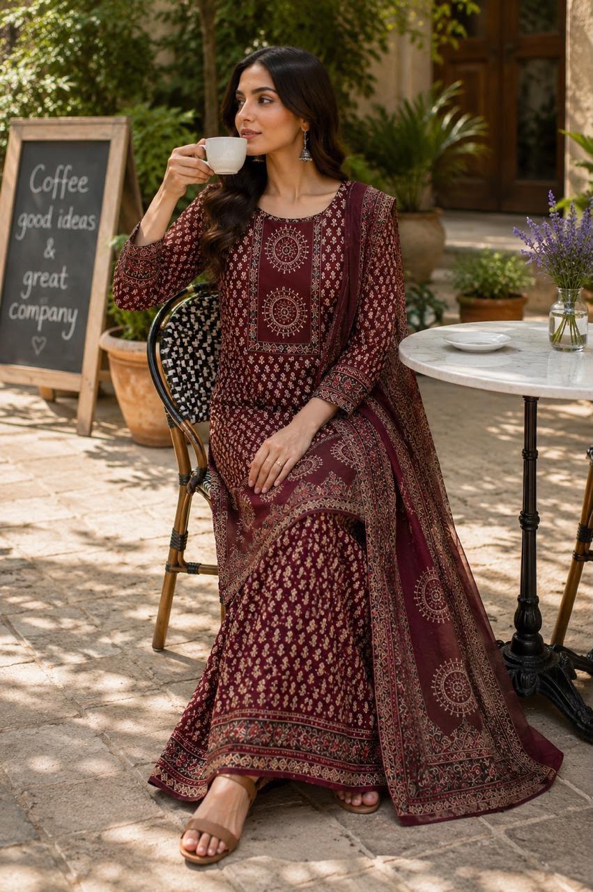 Traditional Navy Blue Block Print Cotton Sharara Set with Dupatta