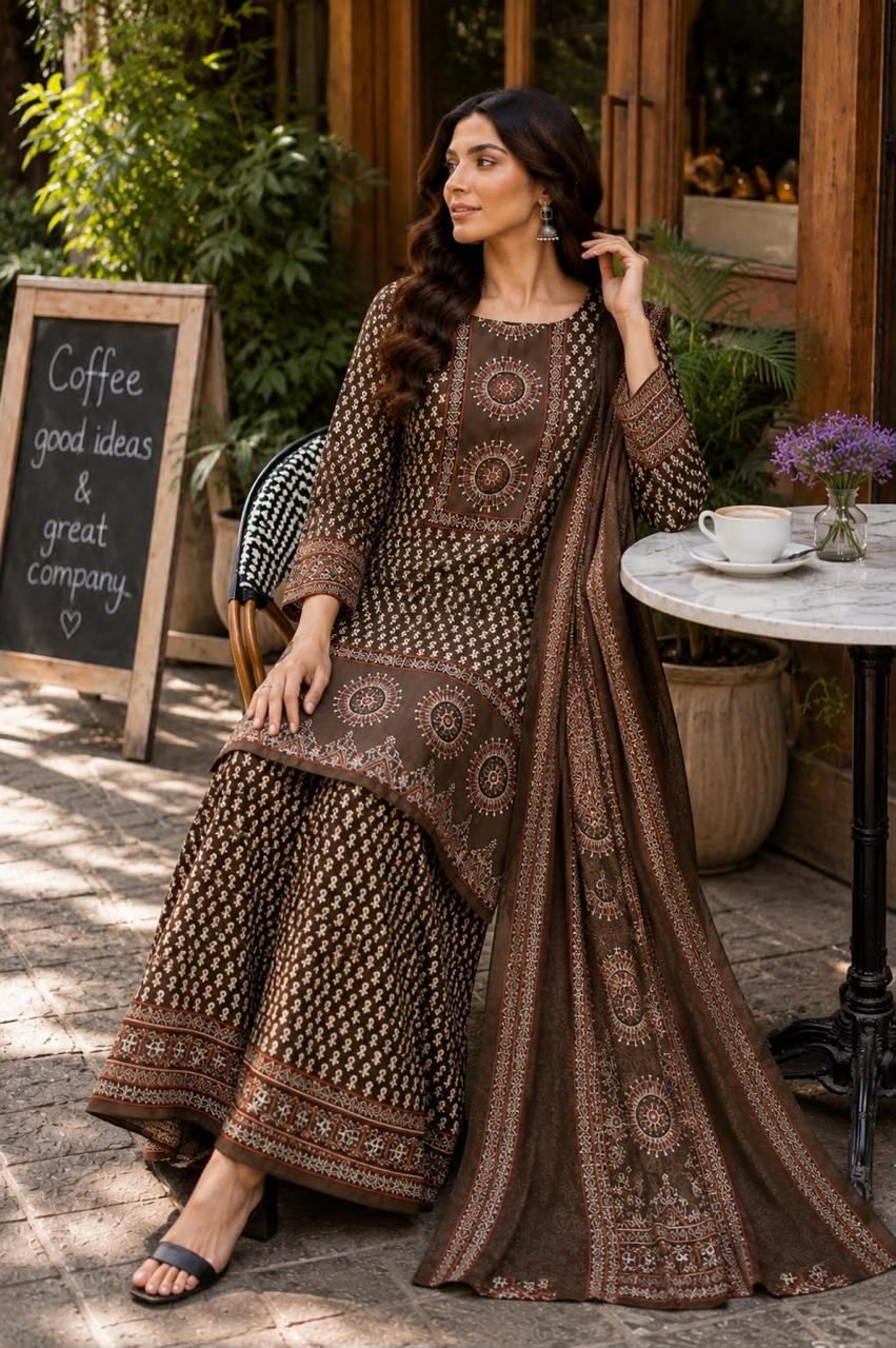 Traditional Navy Blue Block Print Cotton Sharara Set with Dupatta