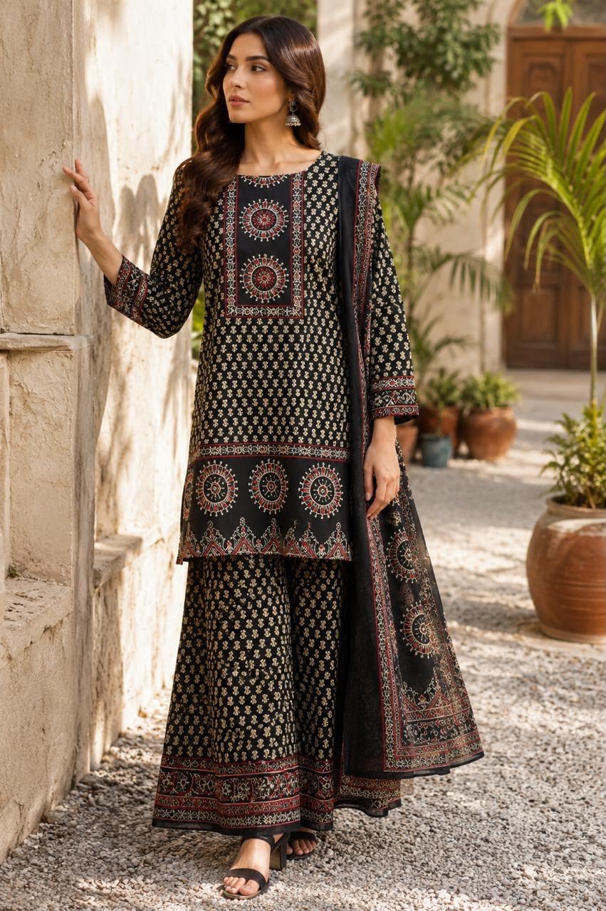 Traditional Navy Blue Block Print Cotton Sharara Set with Dupatta