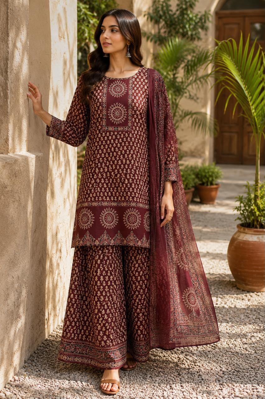 Traditional Navy Blue Block Print Cotton Sharara Set with Dupatta