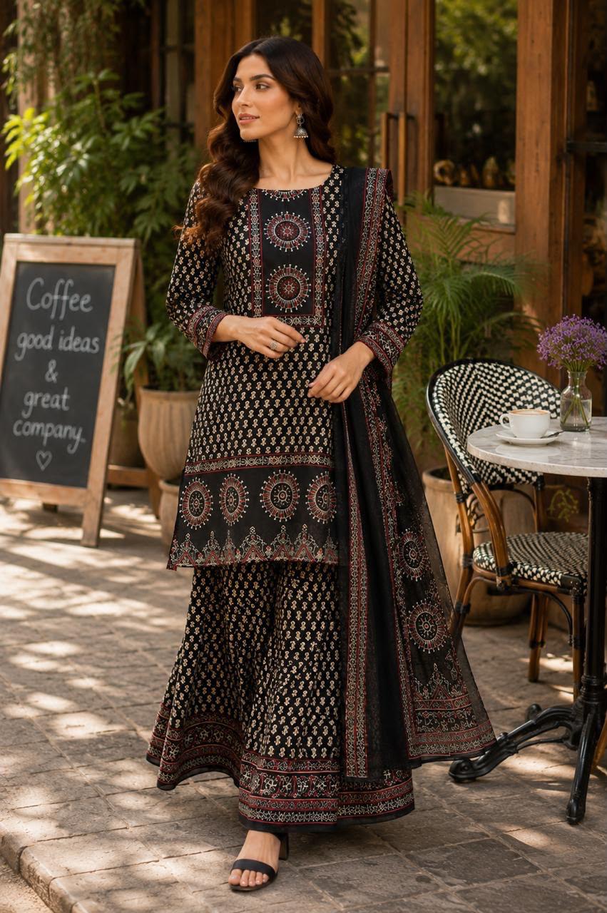 Traditional Navy Blue Block Print Cotton Sharara Set with Dupatta